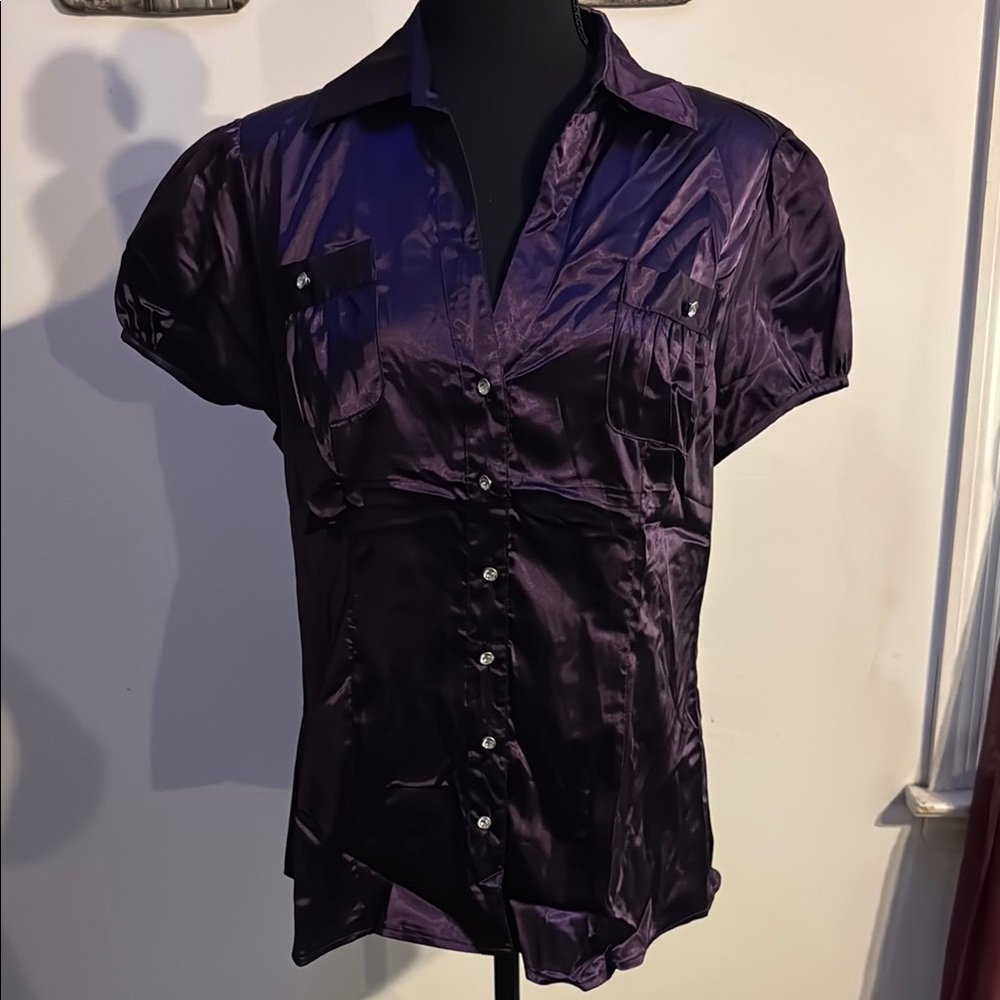 Dots Purple Puff Sleeve Button Down Shirt
